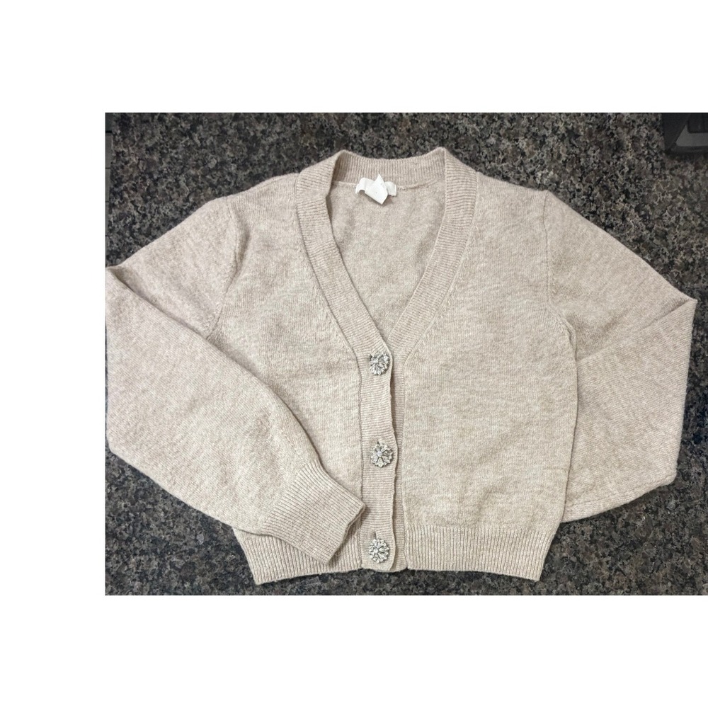 HM Womens Oatmeal Beige Rhinestone Button Knit V-Neck Cropped Cardigan Sweater M
